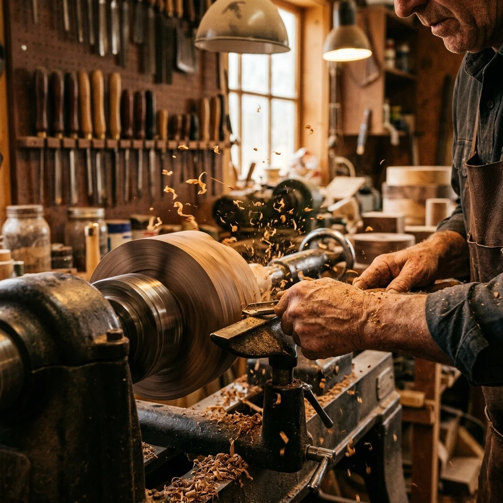 Wood grain detail on a pen-making lathe