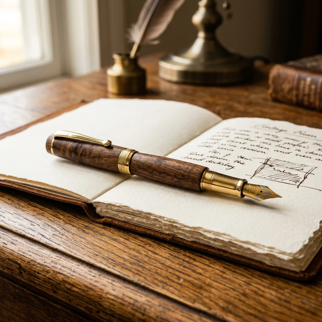Artisan wooden pen close-up on writing desk